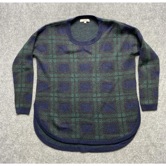 Madewell Sweater Womens XS Navy Green Plaid High Low Curved Hem Tunic Knit - Picture 1 of 9